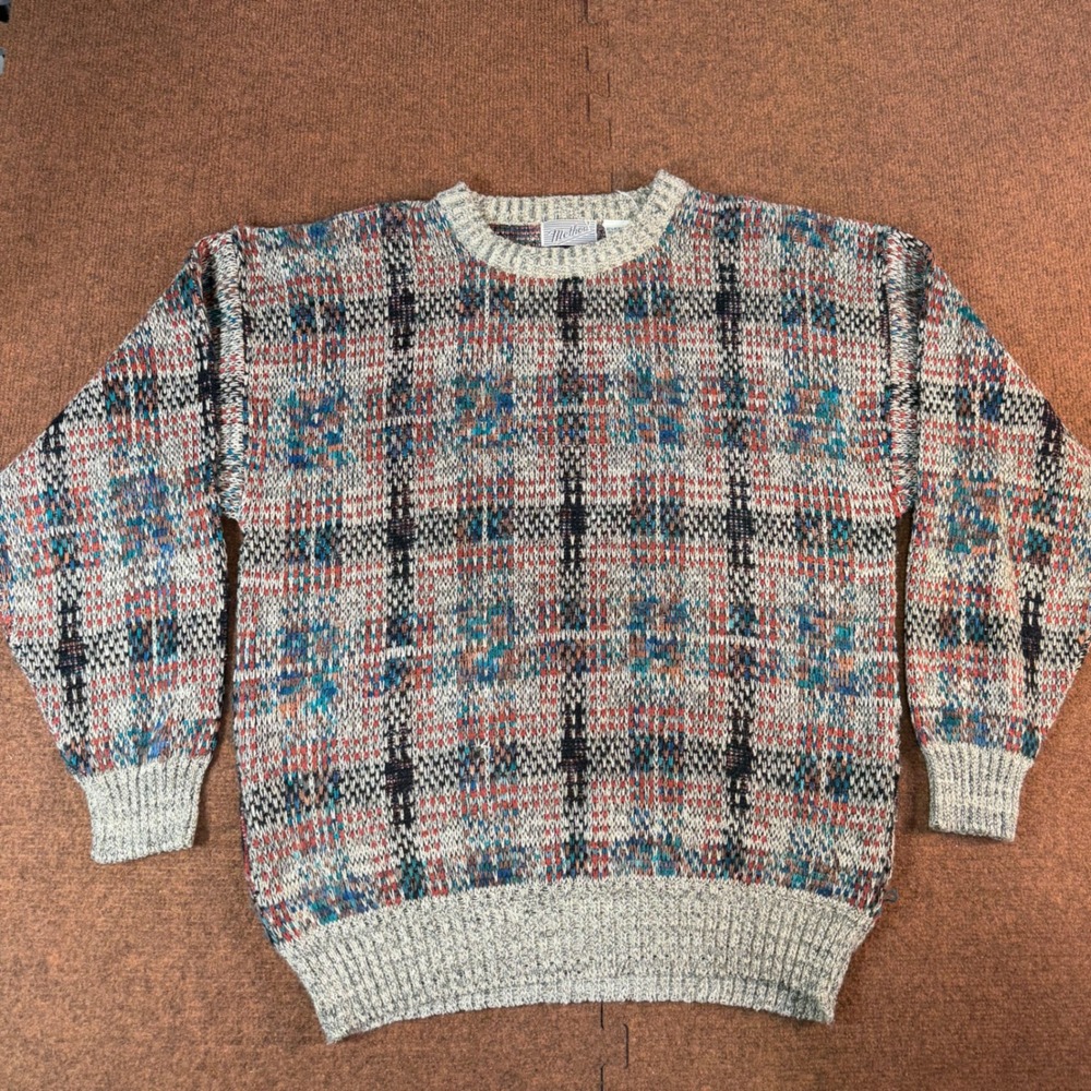 Method Vintage Plaid Knit Sweater Men XL Multicolor Crew Neck Acrylic Cotton 90s
